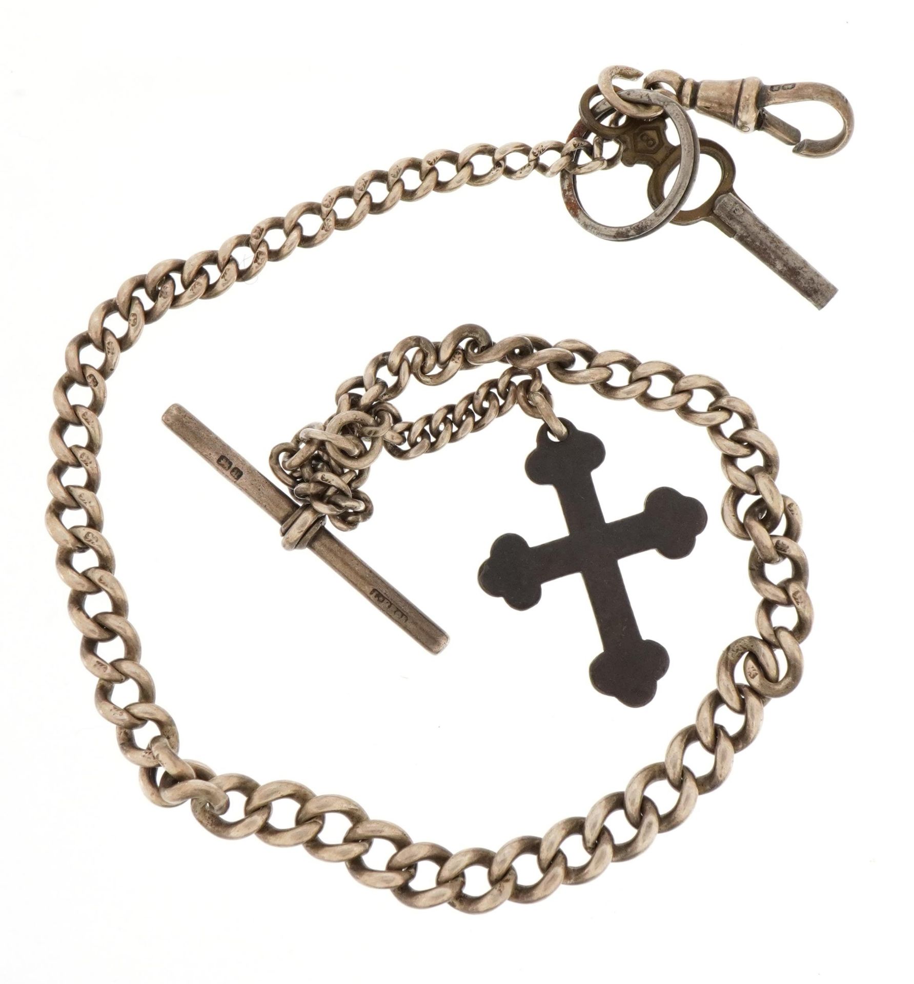Silver watch chain Birmingham 1919, with each link stamped, with metal watch key and crucifix, - Image 3 of 4