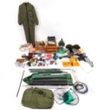 Large selection of fishing tackle and accessories including nets, clothing, floats, hooks, tackle