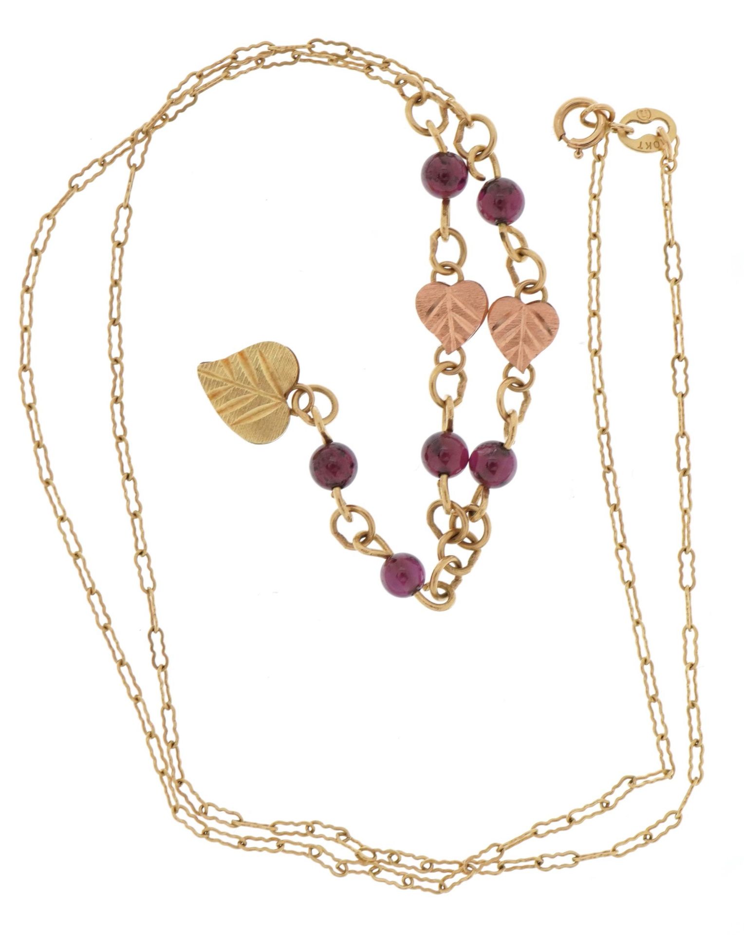 Manner of Black Hills, 9ct two tone gold garnet leaf design necklace, 44cm in length, 3.4g - Image 3 of 3