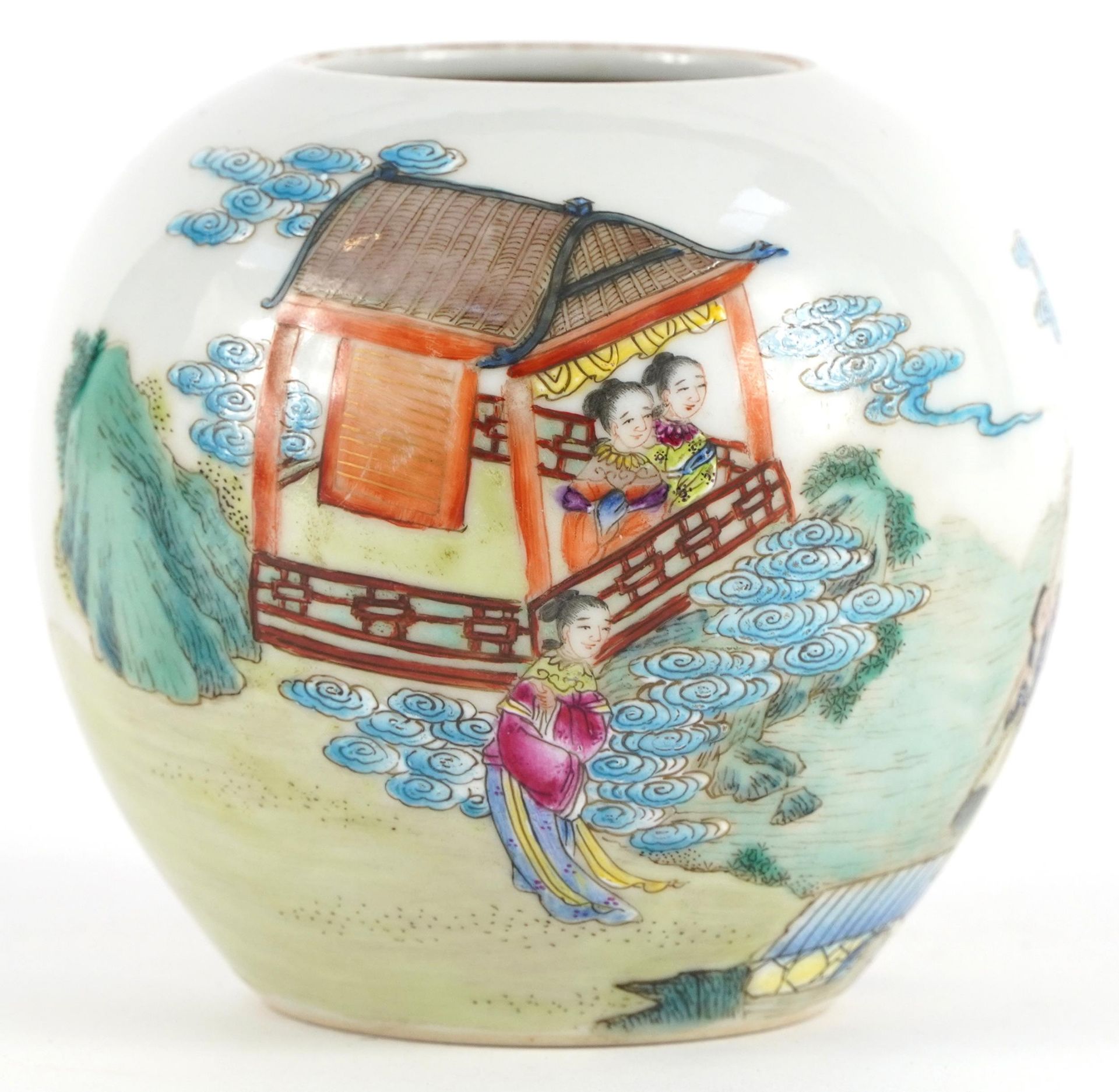 Chinese porcelain globular vase hand painted in the famille rose palette with figures by water,