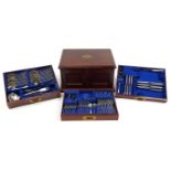 Mappin & Webb mahogany three drawer canteen housing various silver plated cutlery, 28cm H x 51cm W x