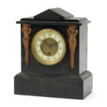 Victorian black slate mantle clock with enamelled dial having Arabic numerals, 29cm high