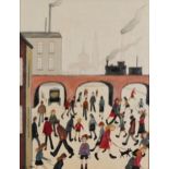 Manner of Laurence Stephen Lowry - Industrial landscape with figures walking about, oil on canvas