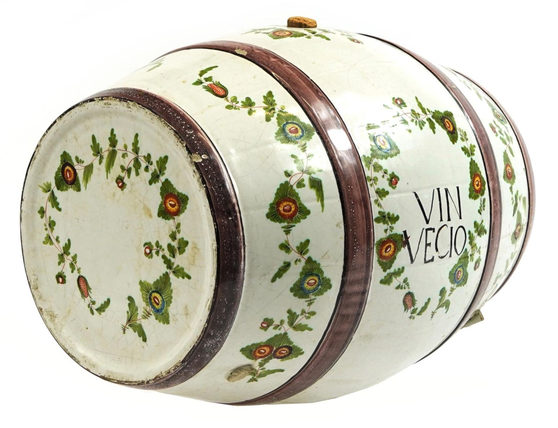 Italian faience glazed pottery barrel with brass tap, inscribed Vin Vecio, hand painted with - Image 2 of 3