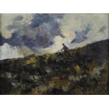 Moorland landscape with figure and dog, Welsh School oil on board, framed, 40cm x 30cm excluding the