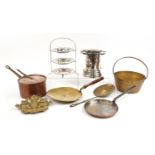 Antique and later metalware including a brass preserve pan, copper warming pan, silver plated cake