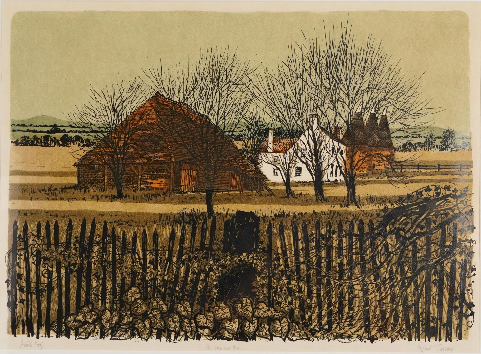 Robert Tavener - Old Farm and Barn, pencil signed artist's proof print in colour, mounted, framed