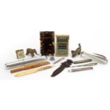 Objects including silver cases, tortoiseshell calling card case and carved Black Forest bookmark,