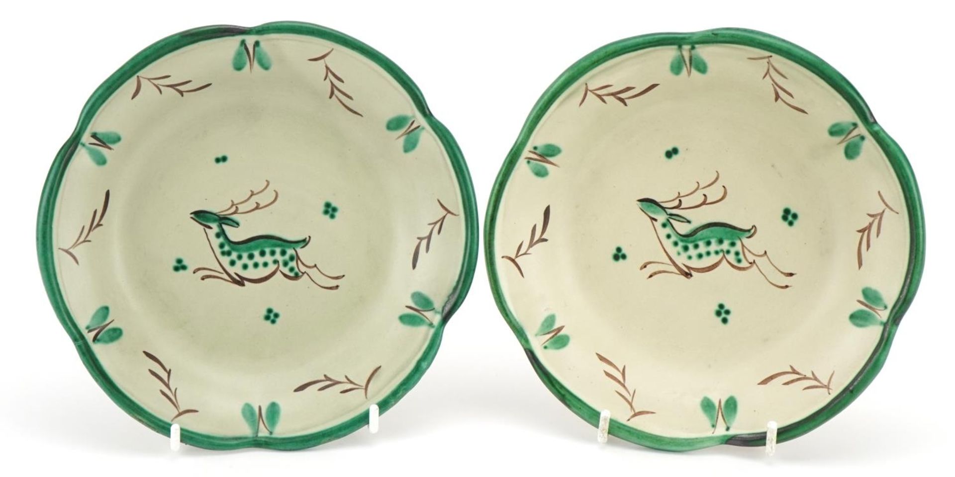 Bo Fajans Gefle, pair of mid century Swedish dishes hand painted with leaping deer, each in 18cm