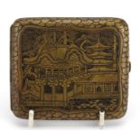 Japanese damascene Komai style card case decorated with pagodas and birds of paradise, 9cm wide