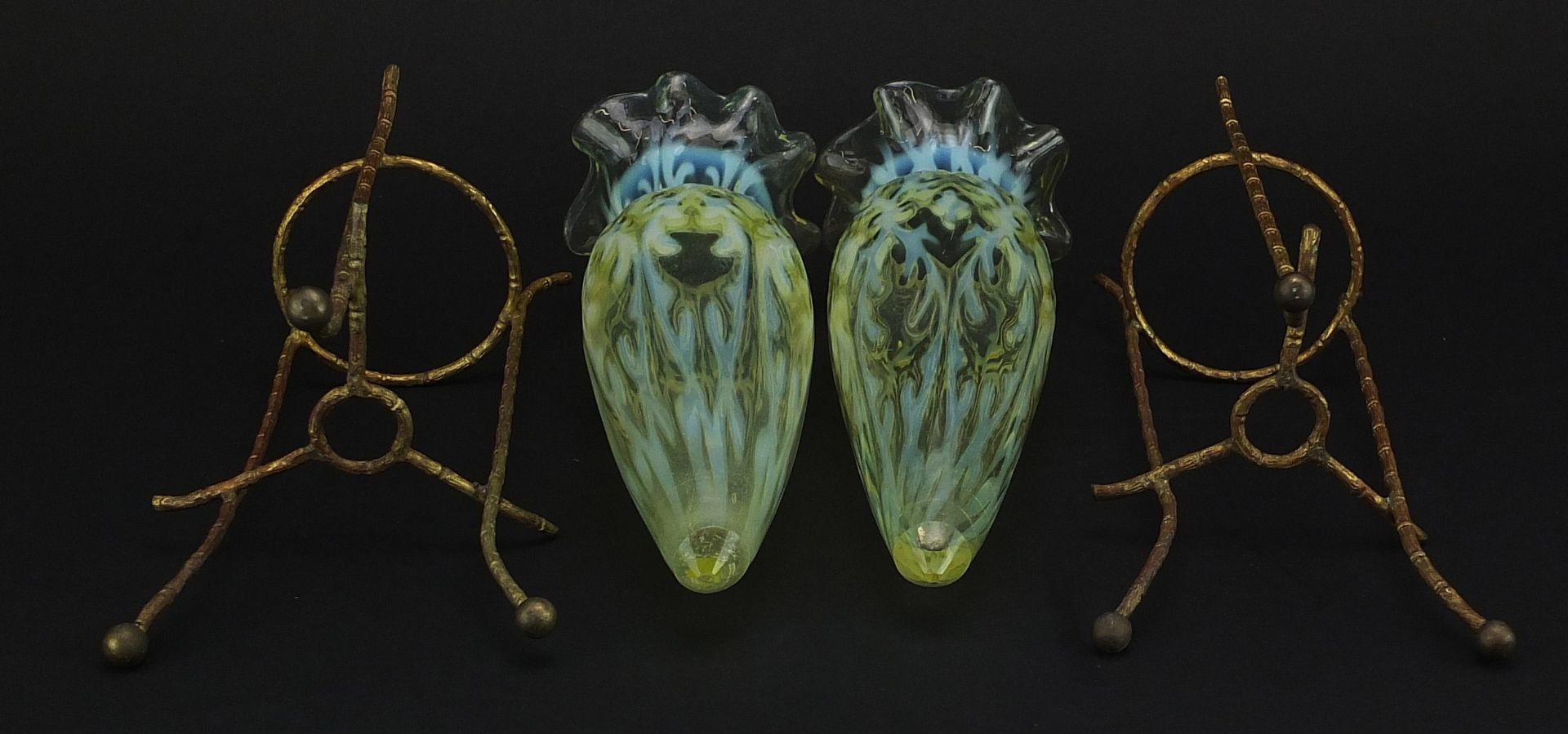Attributed to James Powell & Sons, pair of Arts & Crafts Vaseline glass vases housed in gilt metal - Image 3 of 6