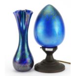 Alum Bay iridescent glass vase and a table lamp with heron iridescent glass shade, the largest