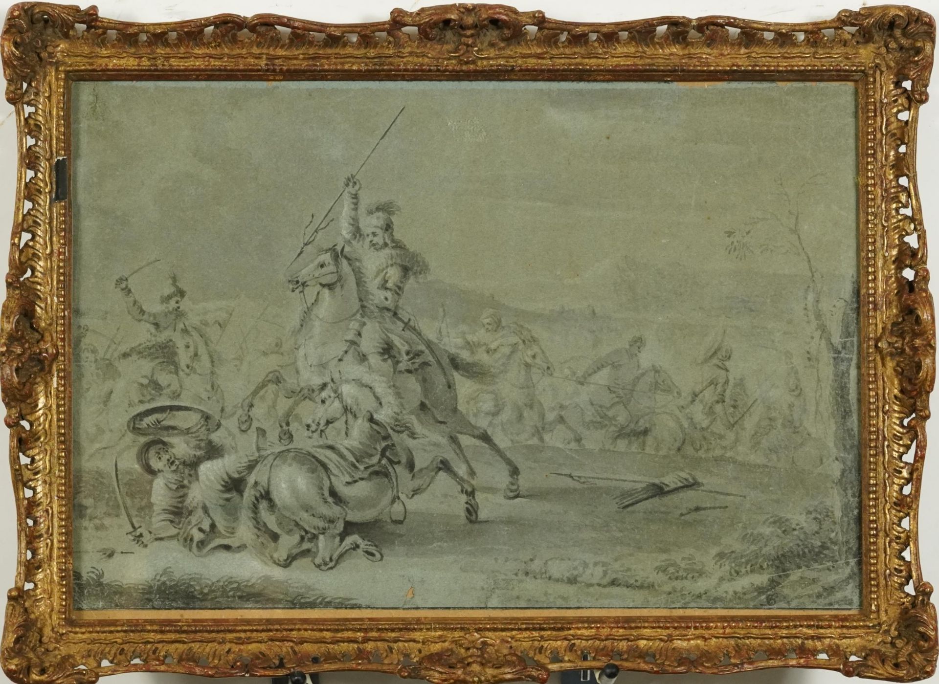 Battle scene with figures on horseback, 18th century Swiss school heightened watercolour, - Image 2 of 4