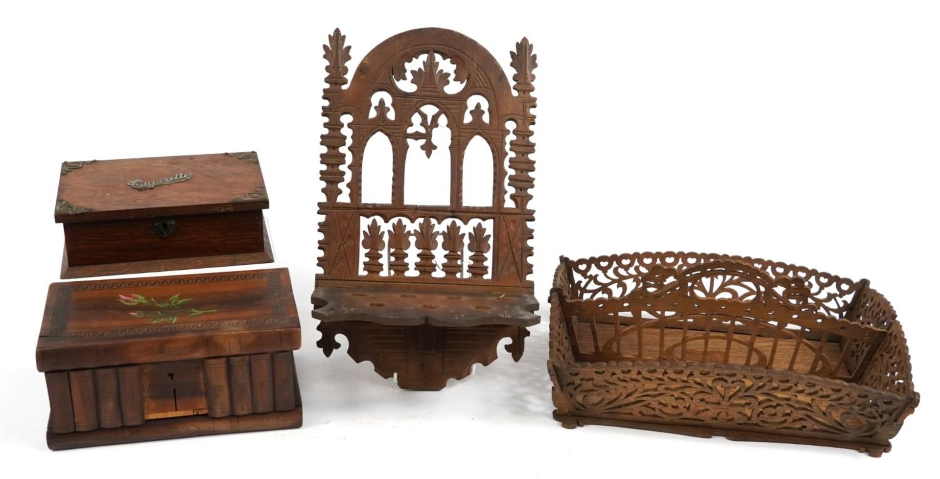 Victorian and later woodenware including gothic folding pipe rack, oak twin divisional basket and