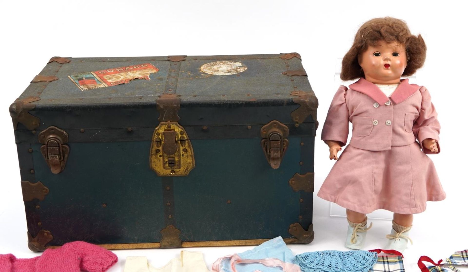 Shipping interest metal bound strongbox with Cunard Line paper labels and a childs doll, 29cm H x - Image 2 of 3