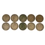 Ten George V half crowns, approximately 138g