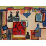 Abstract composition, still life vessels, St Ives school oil on board, mounted and framed, 29cm x