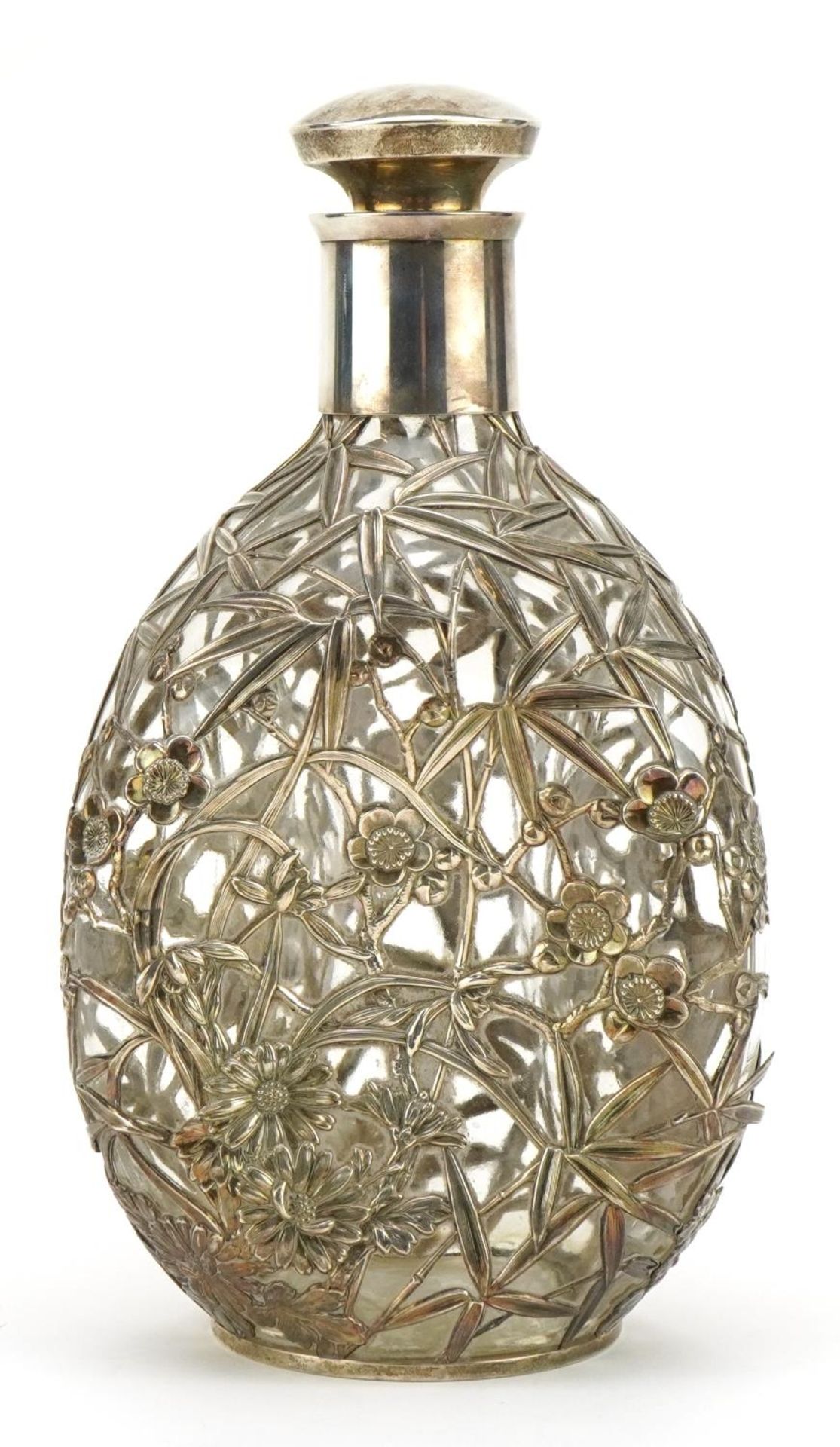 Chinese 950 silver overlaid glass decanter, pierced and embossed with bamboo grove, 22cm high