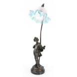 Bronzed spelter figural table lamp with blue and frosted frilled glass shade, 47cm high