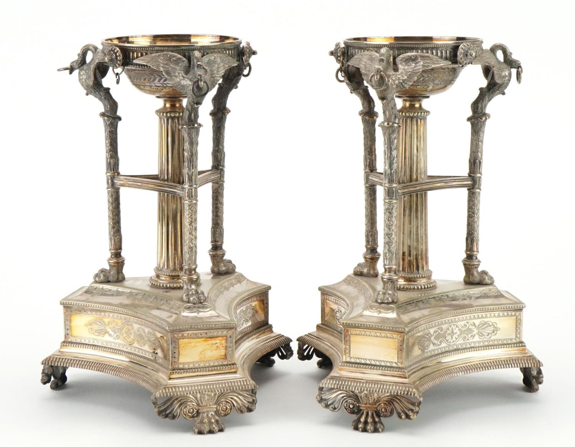 Pair of 19th century Ionic silver plated centrepiece stands with swan and paw supports on triangular - Image 2 of 4
