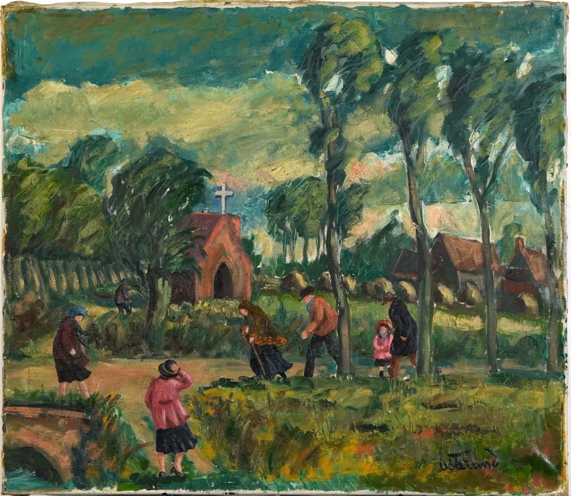 Windswept landscape with figures before a church, oil on canvas, unframed, 69cm x 60cm