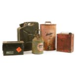 Five vintage and later fuel, oil and military interest ammunition tins including Aladdin Pink