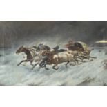 Constantin Stoiloff - Russian quadriga fleeing attacking wolves, oil on canvas, mounted and