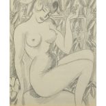 Seated nude female in a garden, Scottish school pencil on paper, mounted, framed and glazed, 30cm