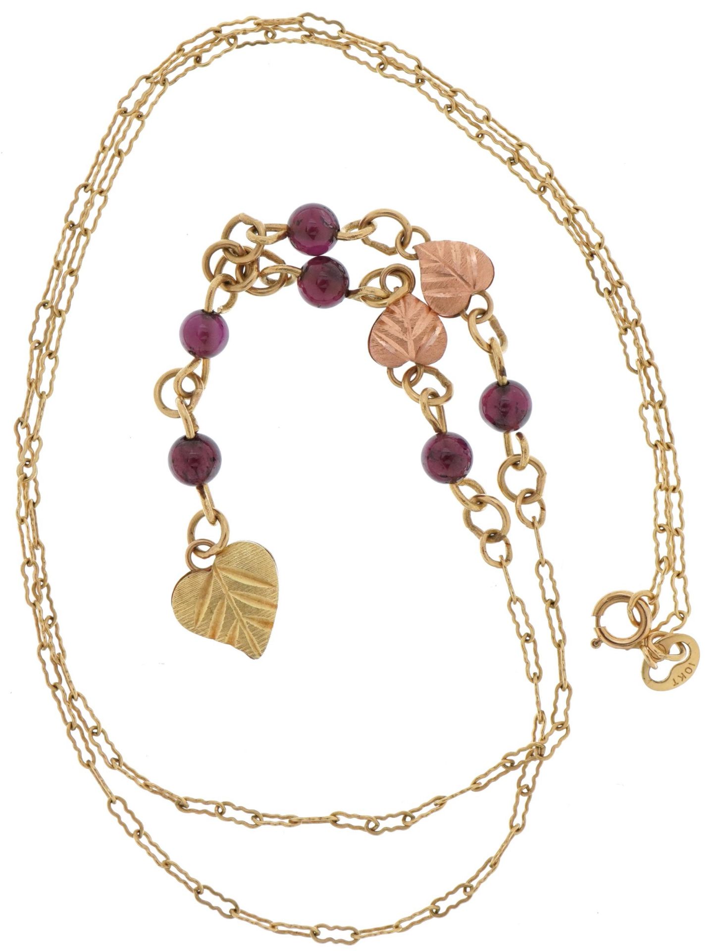 Manner of Black Hills, 9ct two tone gold garnet leaf design necklace, 44cm in length, 3.4g - Image 2 of 3