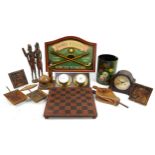 Woodenware and sundry items including wooden golfing wall plaque, chiming mantle clock, carved