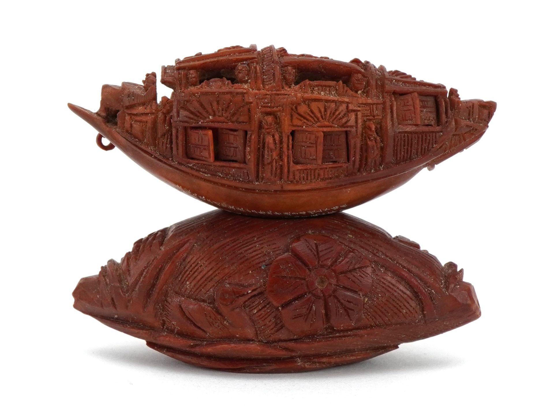 Good Chinese carved coquilla nut junk with opening windows and inscribed poem, raised on a - Image 4 of 9