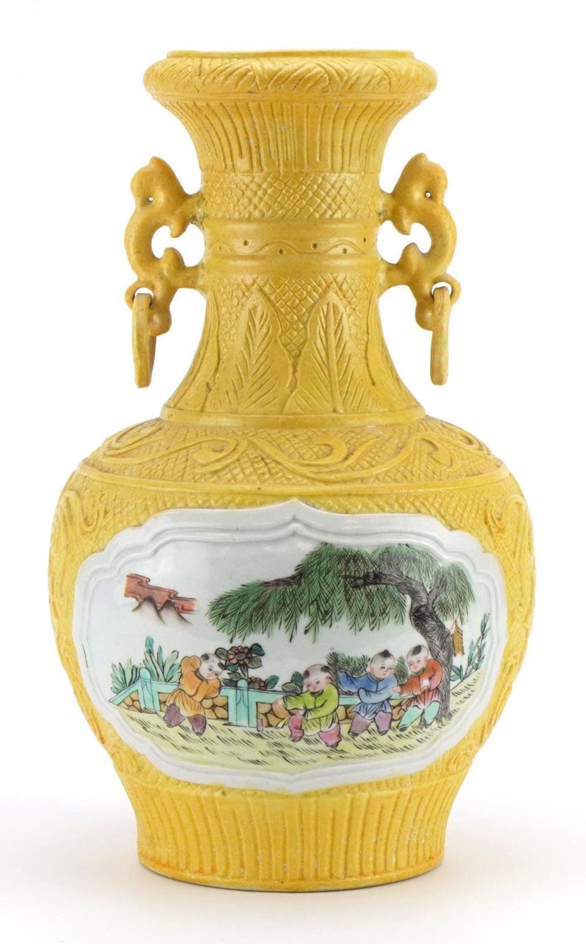 Chinese porcelain yellow ground vase with ring turned handles hand painted with children playing,