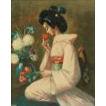 Female wearing a kimono holding flowers, print in colour, partial label verso, framed, 60cm x 47cm