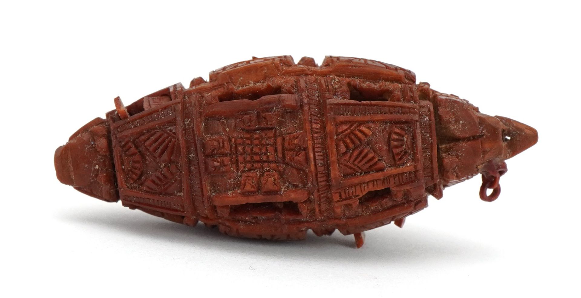 Good Chinese carved coquilla nut junk with opening windows and inscribed poem, raised on a - Image 7 of 9