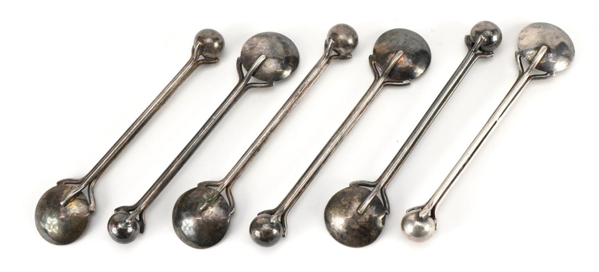 Manner of Christopher Dresser, set of six Arts & Crafts white metal spoons with ball terminals, each - Image 2 of 2