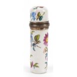 19th century French silver mounted enamel scent bottle hand painted with flowers, 5cm high