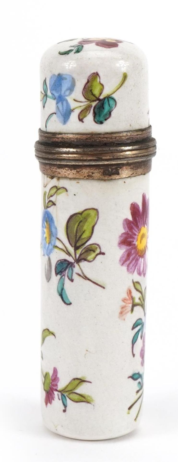 19th century French silver mounted enamel scent bottle hand painted with flowers, 5cm high