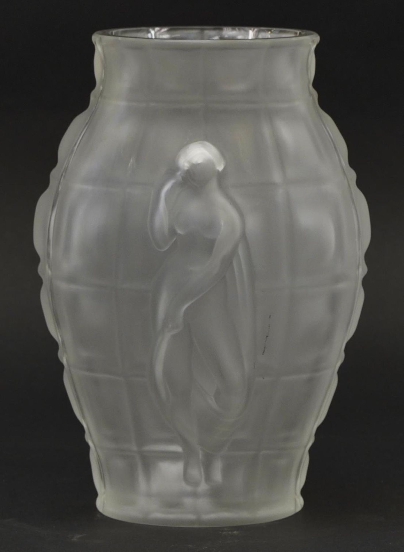 Czech Desna frosted glass design vase moulded in relief with nude females, 24.5cm high
