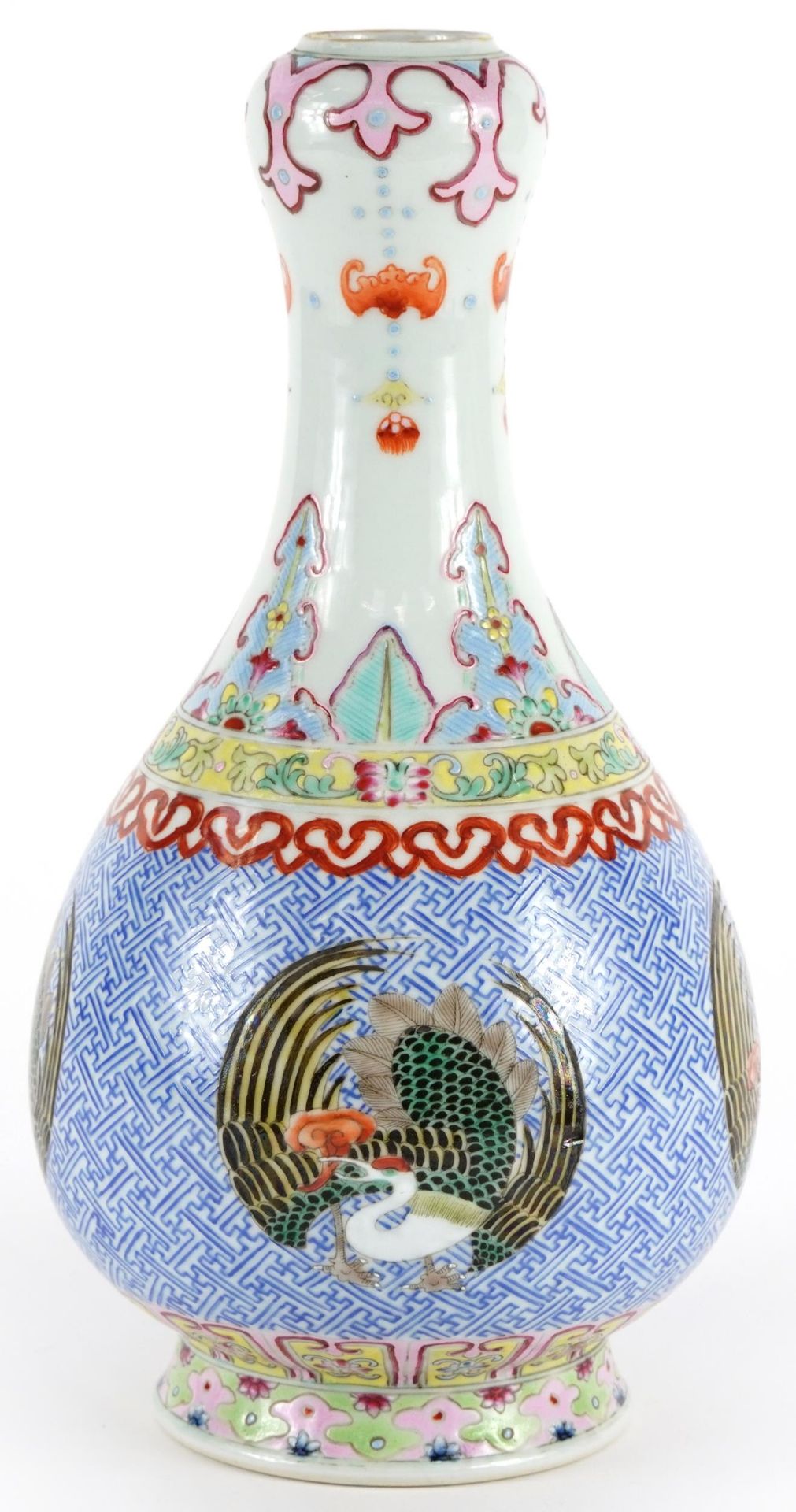 Chinese porcelain garlic head vase hand painted in the famille rose palette with roundels of