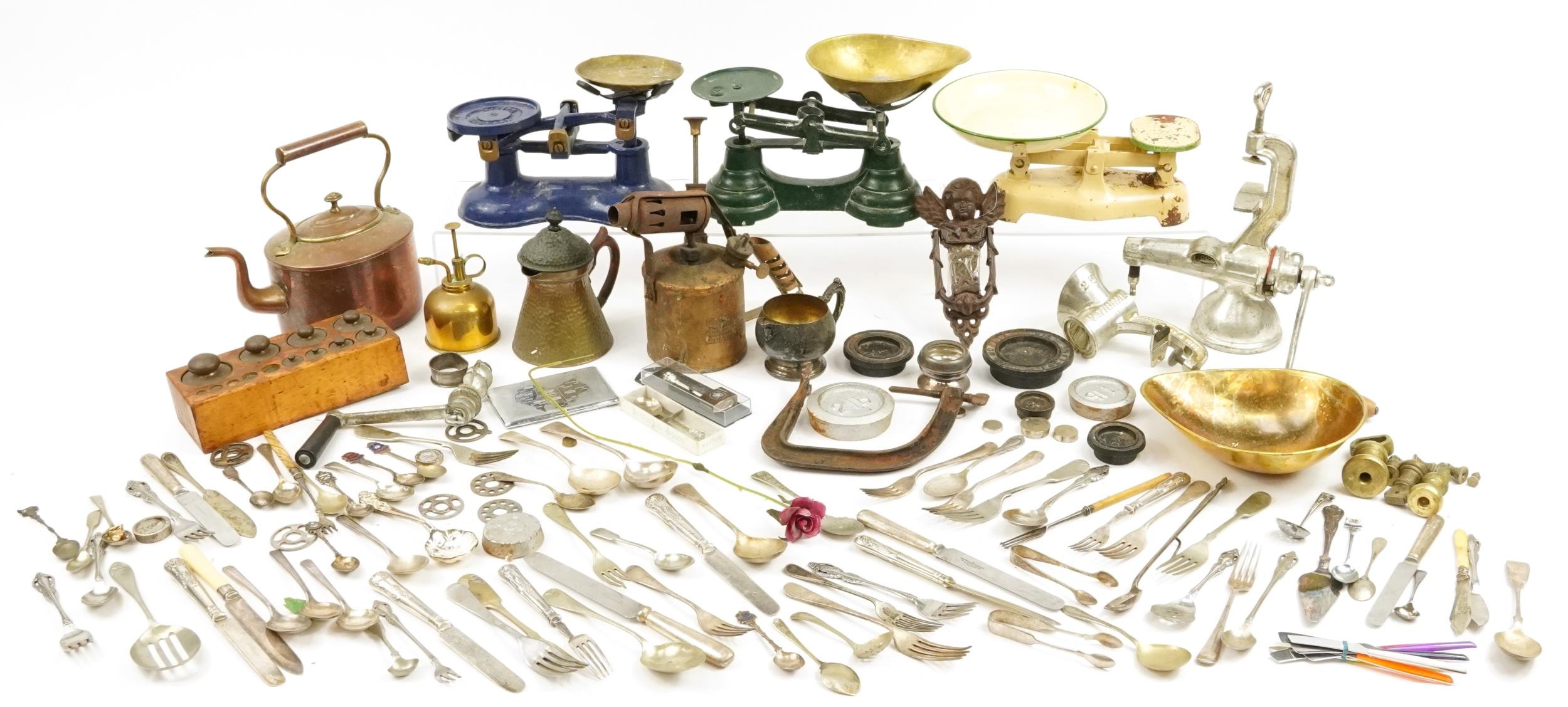 19th century and later metalware including scales, Porkert mincer and silver plated cutlery