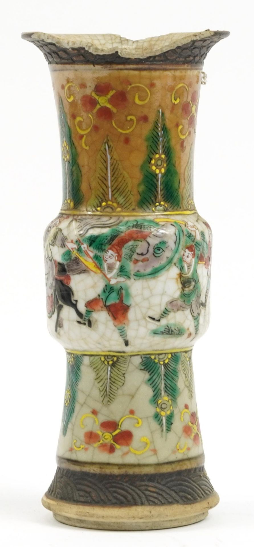 Chinese crackle glazed Gu beaker vase hand painted in the famille verte palette with warriors in a - Image 2 of 3