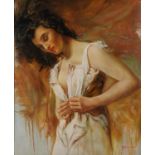 Manner of Pino Daeni - Top half portrait of a female, Italian school oil on board, mounted and