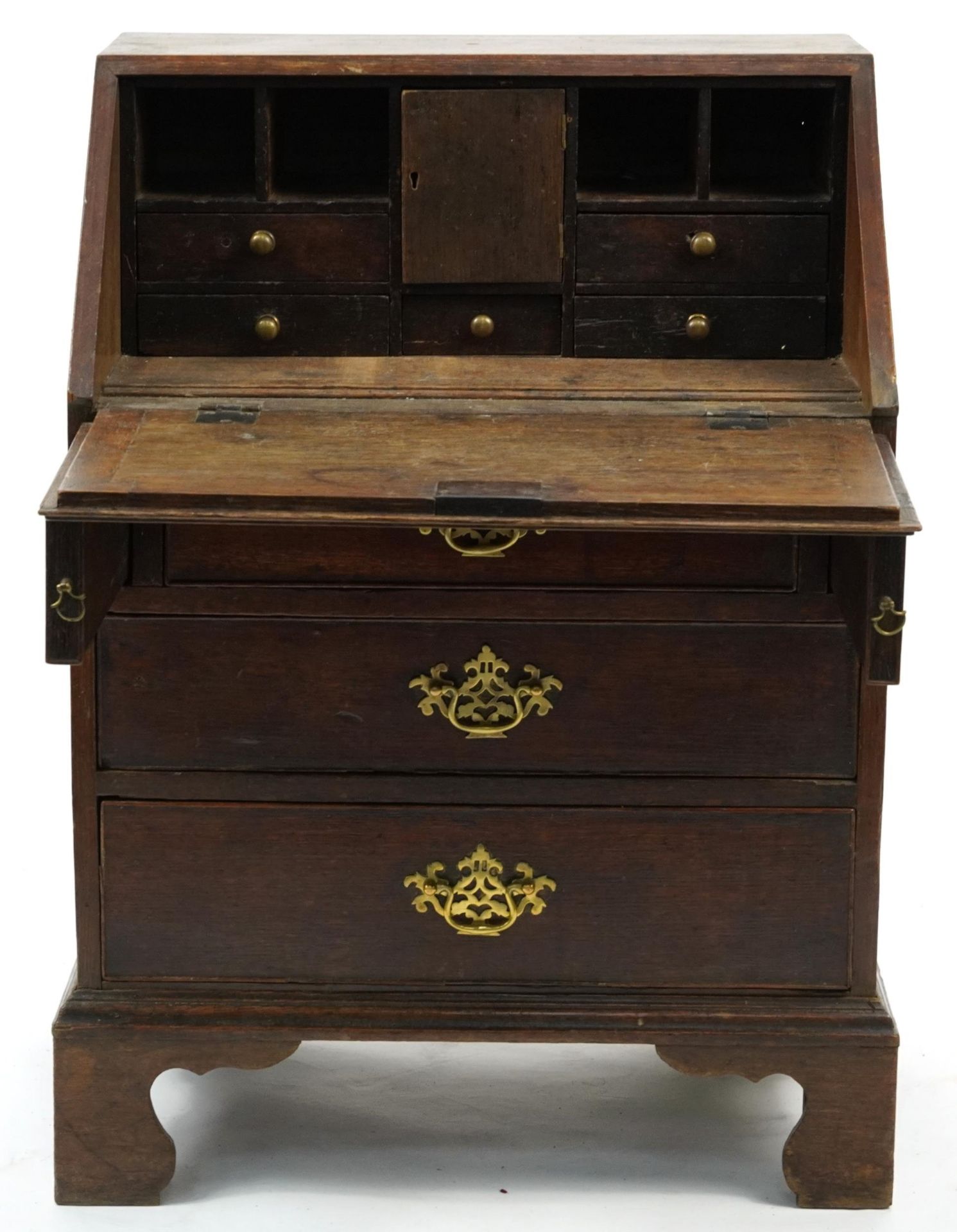 George III oak child's bureau with fitted interior and brass handles, 87cm H x 62cm W x 44cm D - Image 3 of 4