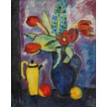 Still life flowers and vessels, Scottish Colourist school oil on board, mounted and framed, 50cm x