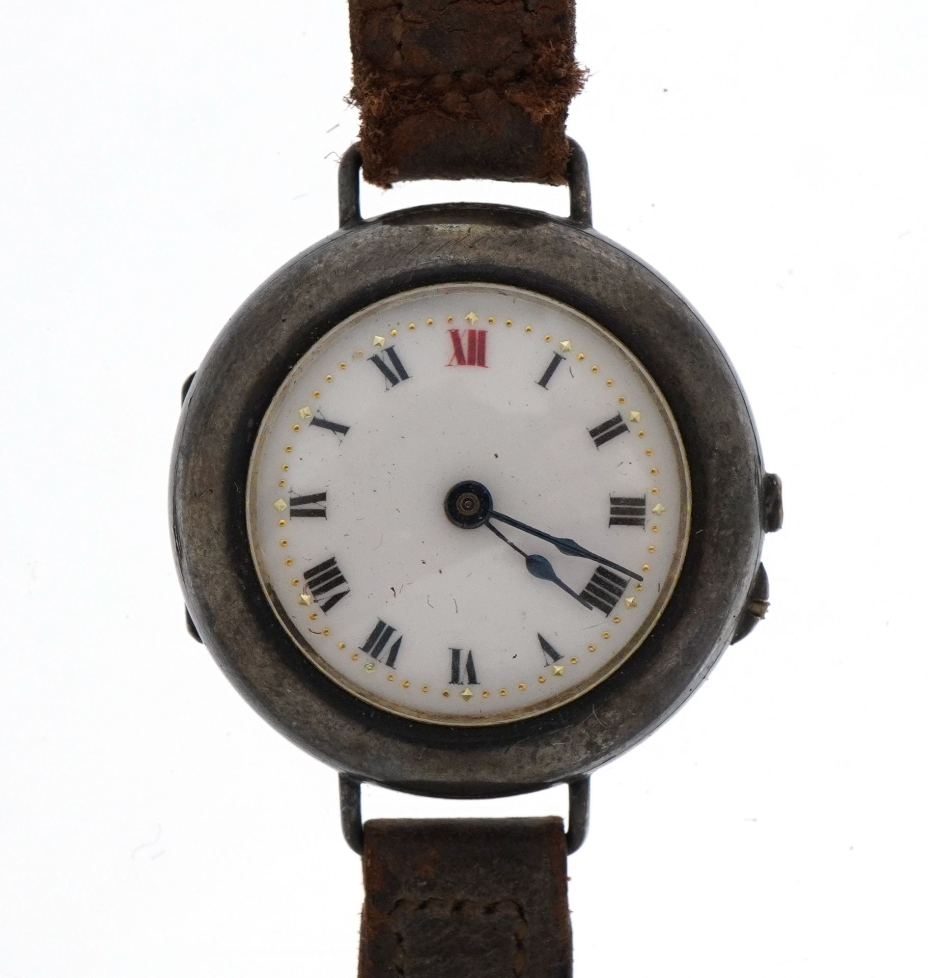 British military interest silver wristwatch with enamelled dial, the case engraved W F Caygill