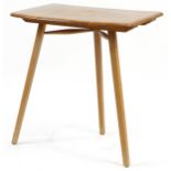 Ercol light elm three legged side table, 71cm H x 68cm W x 48cm D