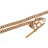 9ct rose gold watch chain with T bar, 37cm in length, 14.0g