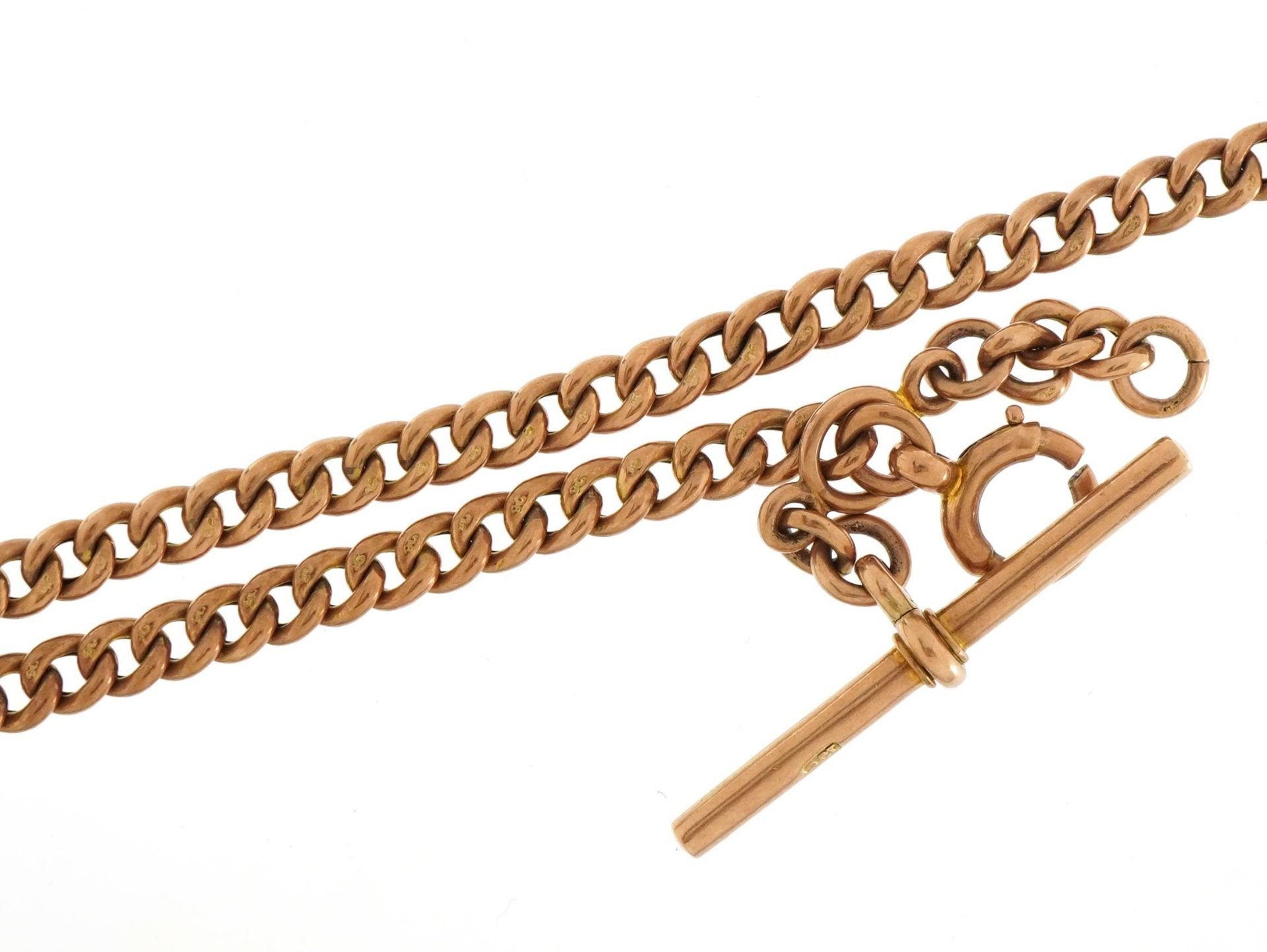 9ct rose gold watch chain with T bar, 37cm in length, 14.0g