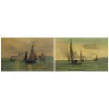 F Peerless 1897 - Boats on water with figures, pair of late 19th century oil on boards, framed, each