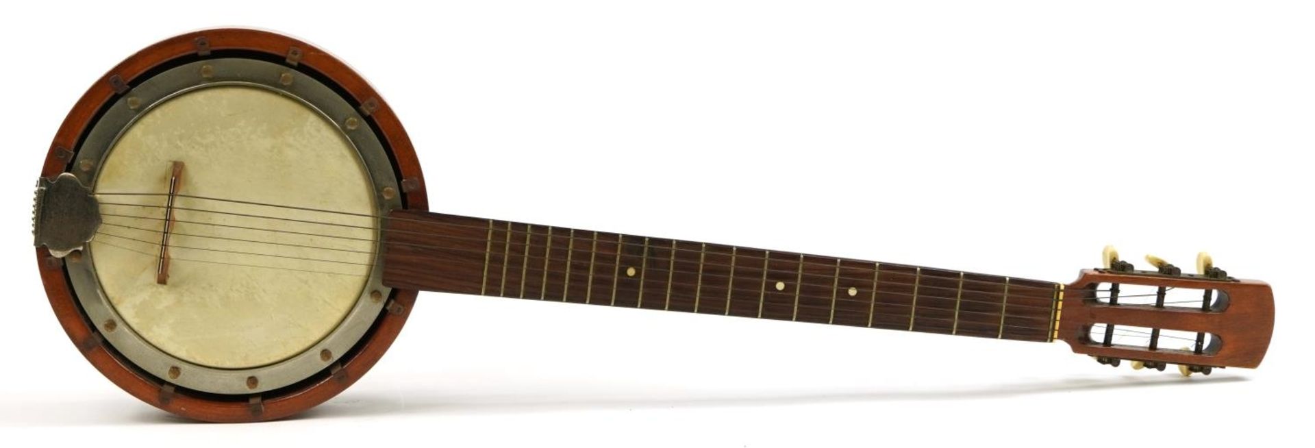 Rosewood and mahogany six string banjo, 88cm in length